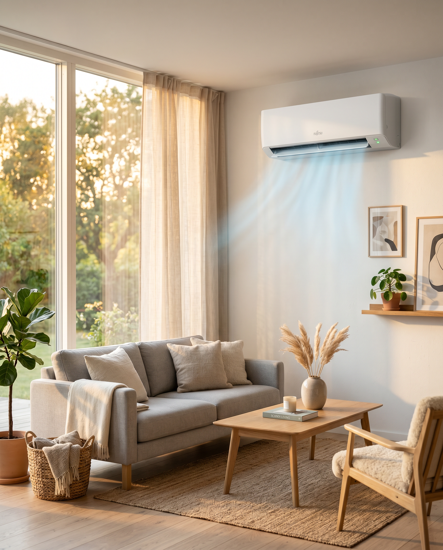 Salón moderno y fresco con aire acondicionado split en pared